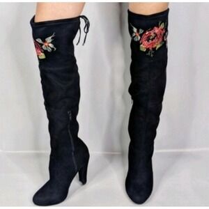 Zigi Soho Bryna Black Over The Knee Heeled Boot Embroider Floral Boho Hippie 6.5